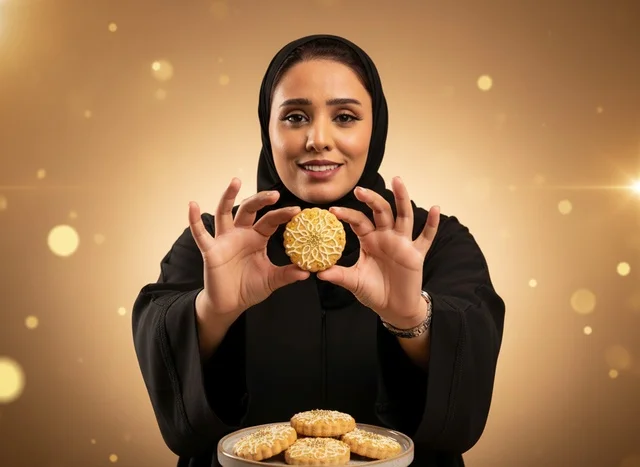 Saudi Woman Holding Traditional Maamoul Cookie Saudi Woman Holding Traditional Maamoul Cookie