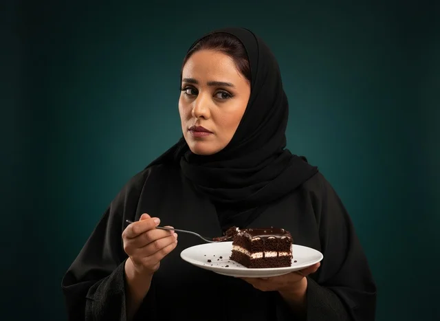 Saudi Woman in Abaya Holding Chocolate Cake