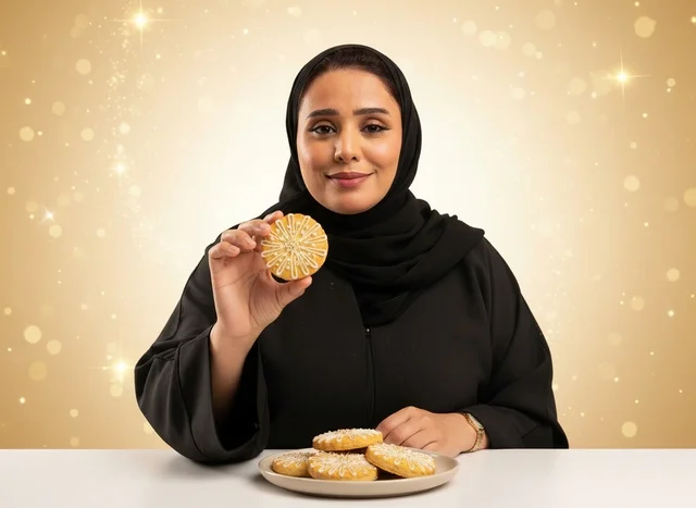 امرأة سعودية مع معمول تقليدي بخلفية ذهبية