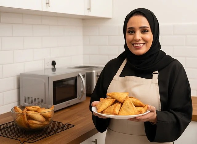 Saudi Woman Holding Samosa Plate in Modern Kitchen