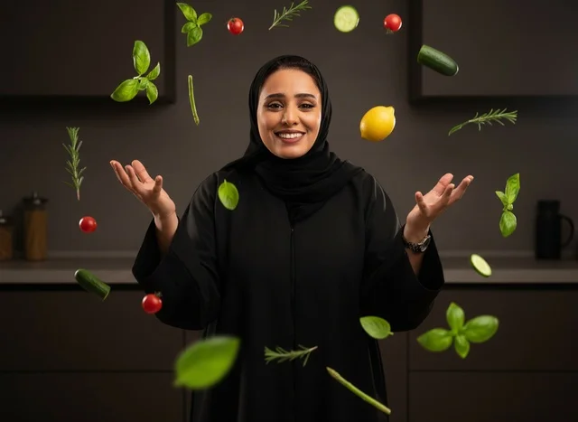 Saudi Woman in Abaya with Flying Fresh Vegetables