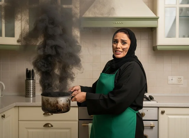 امرأة سعودية مع وعاء طهي محترق ودخان في المطبخ