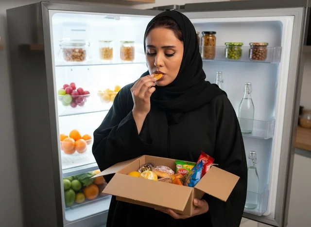 Emirati Woman in Abaya Eating Snack at Open Fridge