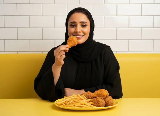 Arab Woman Eating Fried Chicken at Restaurant
