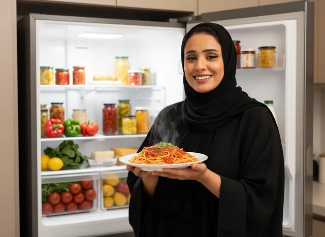 امرأة سعودية تحمل طبق معكرونة أمام ثلاجة مفتوحة