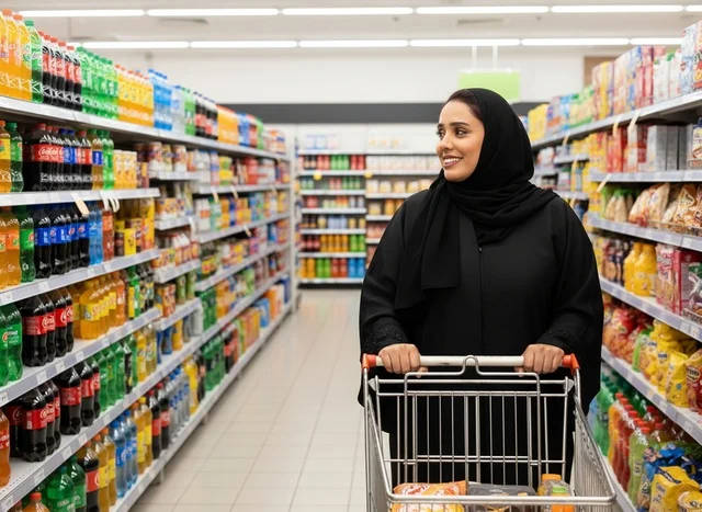 امرأة سعودية مع عربة تسوق في ممر السوبر ماركت