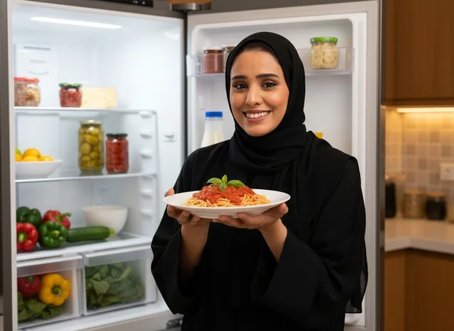امرأة سعودية بالعباءة تحمل طبق سباغيتي في المطبخ