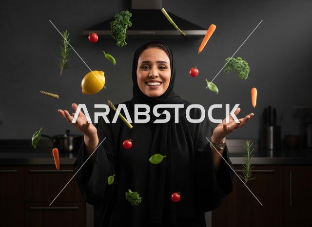 A Saudi chef throws fresh vegetables in the kitchen.