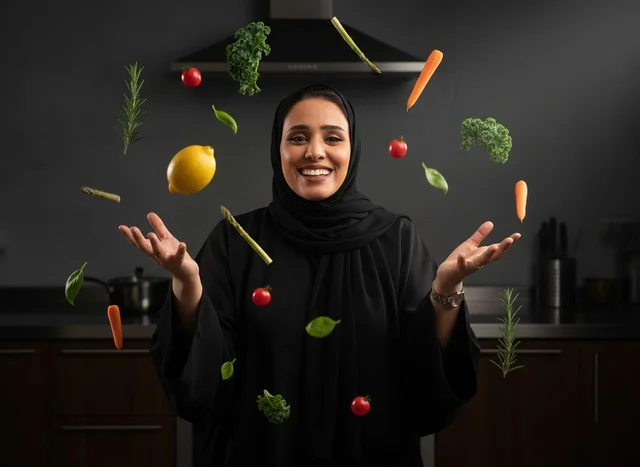 شيف سعودية ترمي الخضروات الطازجة في المطبخ