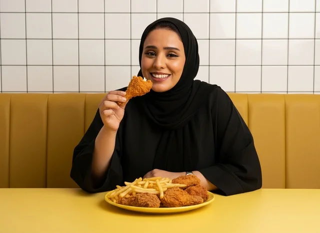 Saudi Woman Eating Fried Chicken in Restaurant