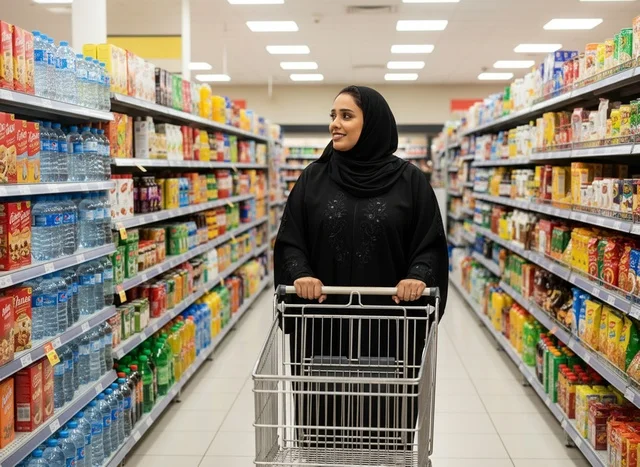 Saudi Woman Shopping in Supermarket with Trolley