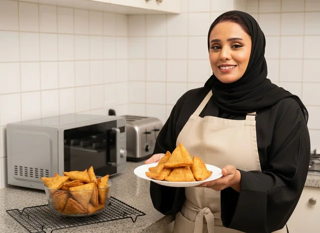A Saudi woman in an abaya holding a plate of samosas in the kitchen.