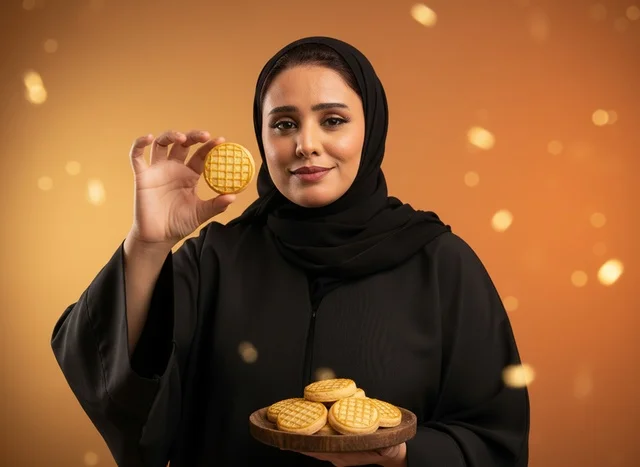 A Saudi woman holding a piece of traditional Eid maamoul.