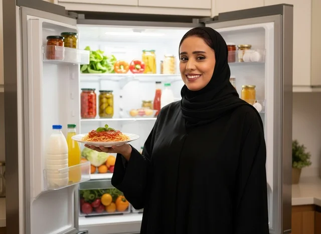 امرأة عربية بالعباءة تحمل طبق طعام أمام الثلاجة
