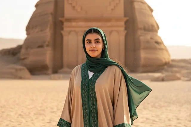 Saudi Woman at Hegra AlUla Ancient Tomb
