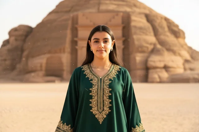 امرأة سعودية بجلابية خضراء في موقع الحجر بالعلا