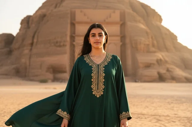 Saudi Woman at Hegra AlUla in Traditional Jalabiya