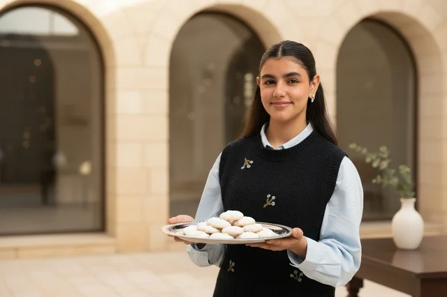 Arab Woman Holding Traditional Cookies in Stone Courtyard