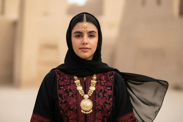Emirati Woman in Traditional Jalabiya and Gold Jewelry