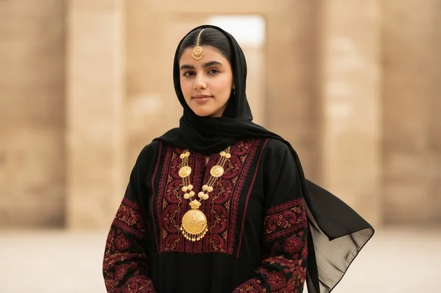 Emirati Woman in Traditional Jalabiya and Gold Jewelry