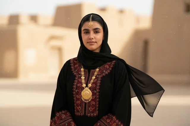 Emirati Woman in Traditional Black Abaya and Gold Jewelry