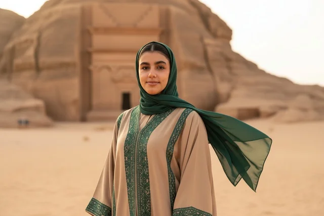 امرأة سعودية في موقع الحجر الأثري بالعلا