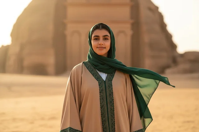 Saudi Woman in Traditional Abaya at AlUla Desert Ruins