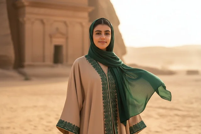 Saudi Woman at Hegra AlUla Ancient Nabataean Tombs
