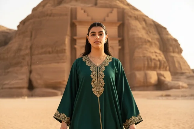 امرأة سعودية في العلا بزي تقليدي أمام قصر الفريد