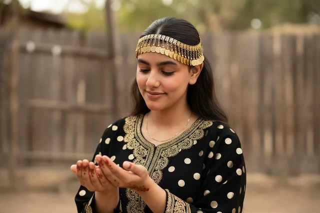 امرأة إماراتية باللباس التقليدي مع الحناء والذهب