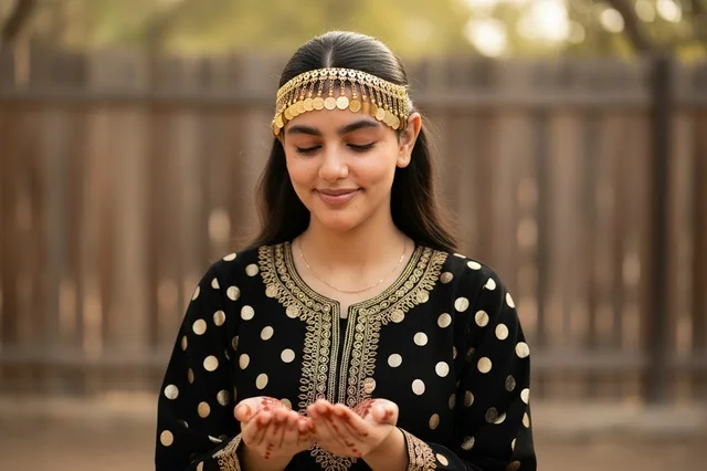 Emirati Woman in Traditional Jalabiya and Gold Headpiece