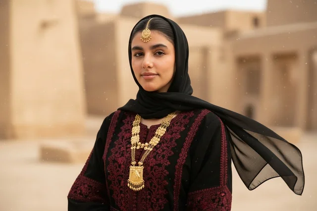 Saudi Woman in Traditional Najdi Dress at Heritage Site