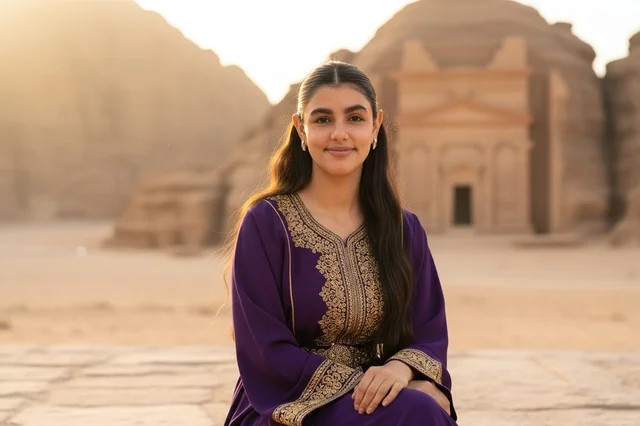 امرأة سعودية في آثار الحجر بالعلا وقت الغروب