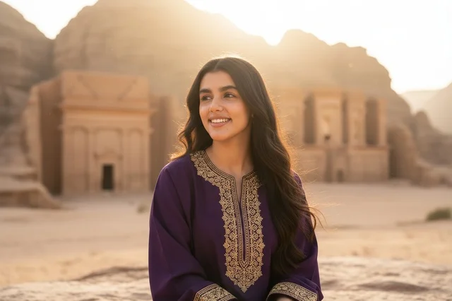 Jordanian Woman in Petra Wearing Traditional Kaftan