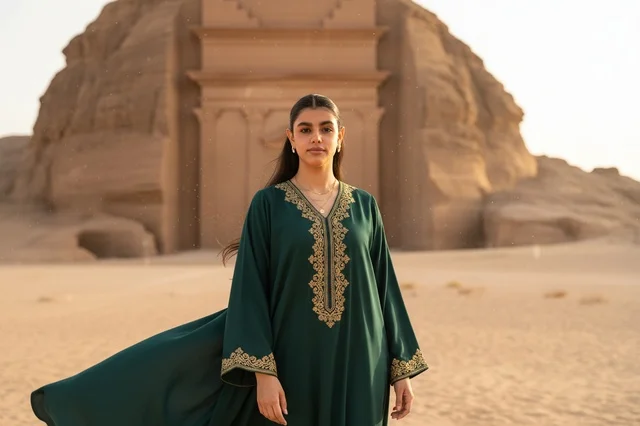 Saudi Woman in Green Jalabiya at Hegra AlUla