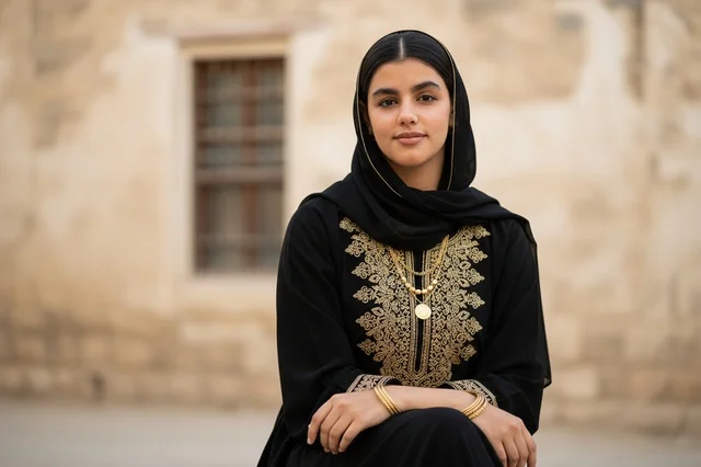 Saudi Woman in Traditional Abaya and Gold Jewelry