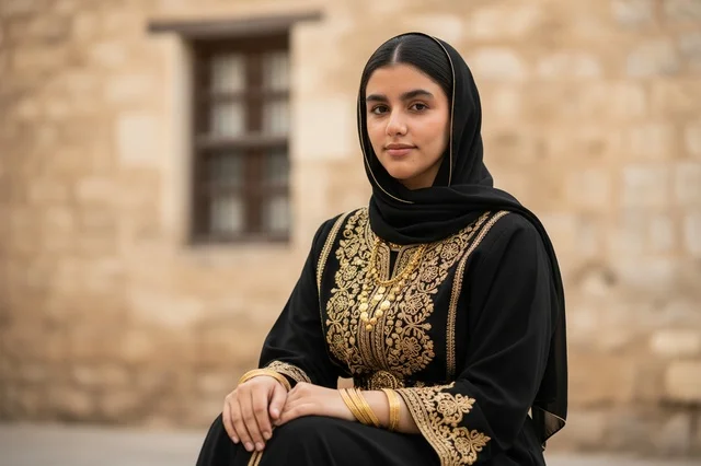 Saudi Woman in Traditional Embroidered Dress at Heritage Site