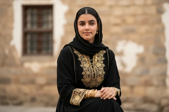 Saudi Woman in Traditional Embroidered Abaya Heritage Site