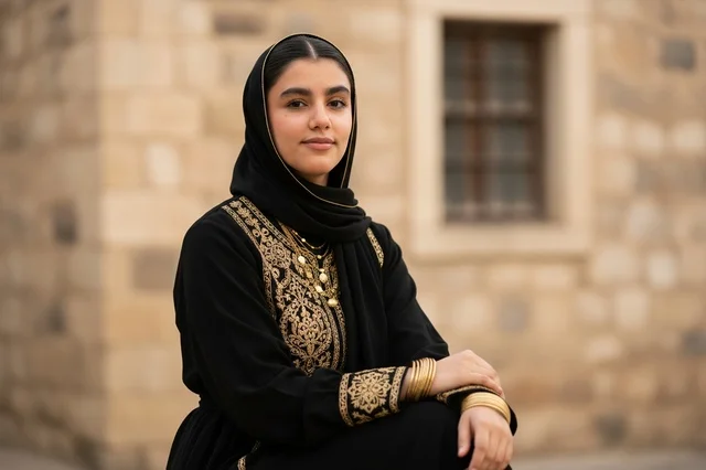 امرأة سعودية بعباءة تقليدية مطرزة بالذهب امرأة سعودية بعباءة تقليدية مطرزة بالذهب