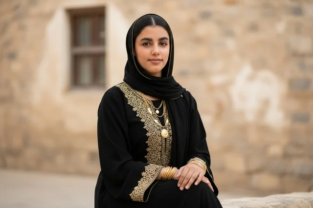 Saudi Woman in Traditional Abaya and Gold Jewelry