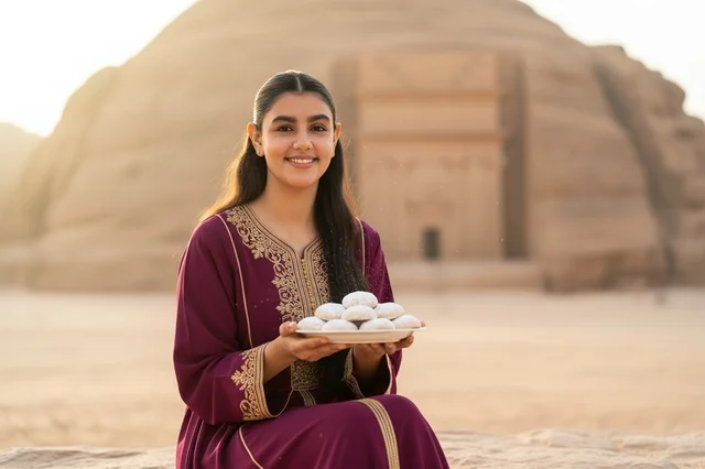 امرأة سعودية مع حلويات تقليدية في الحجر بالعلا امرأة سعودية مع حلويات تقليدية في الحجر بالعلا