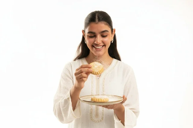 Emirati Woman in White Jalabiya Holding Maamoul Sweets