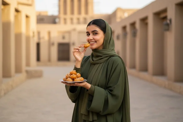 Emirati Woman Holding Traditional Luqaimat in Heritage Village