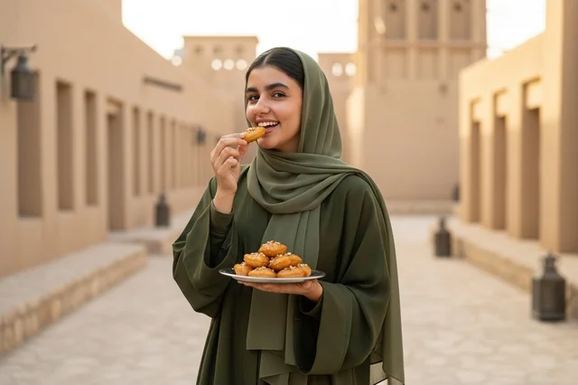 Emirati Woman Eating Luqaimat in Traditional Village