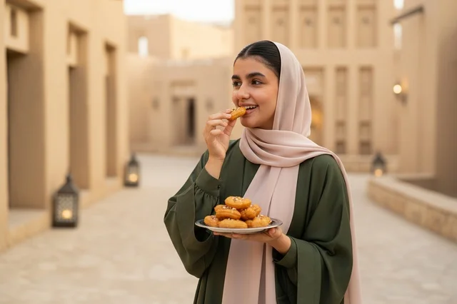 امرأة إماراتية تتناول حلويات شعبية في قرية تراثية