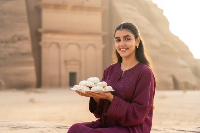 امرأة سعودية تحمل حلويات تقليدية في الحجر العلا