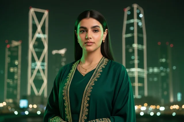 Saudi Woman in Green Bisht at KAFD Riyadh Night
