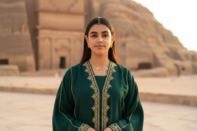 امرأة سعودية بالزي التقليدي في موقع الحجر بالعلا
