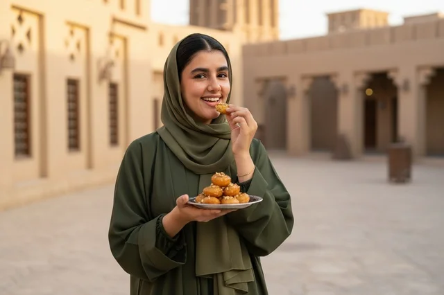 Emirati Woman Eating Traditional Luqaimat Sweets