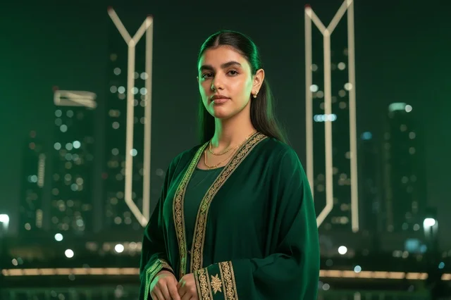Saudi Woman in Green Bisht Against Night City Skyline